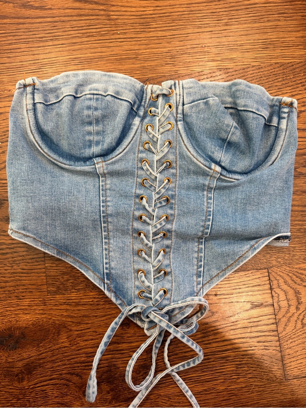Fashion Nova Light Wash Denim Lace-Up Corset Crop Top